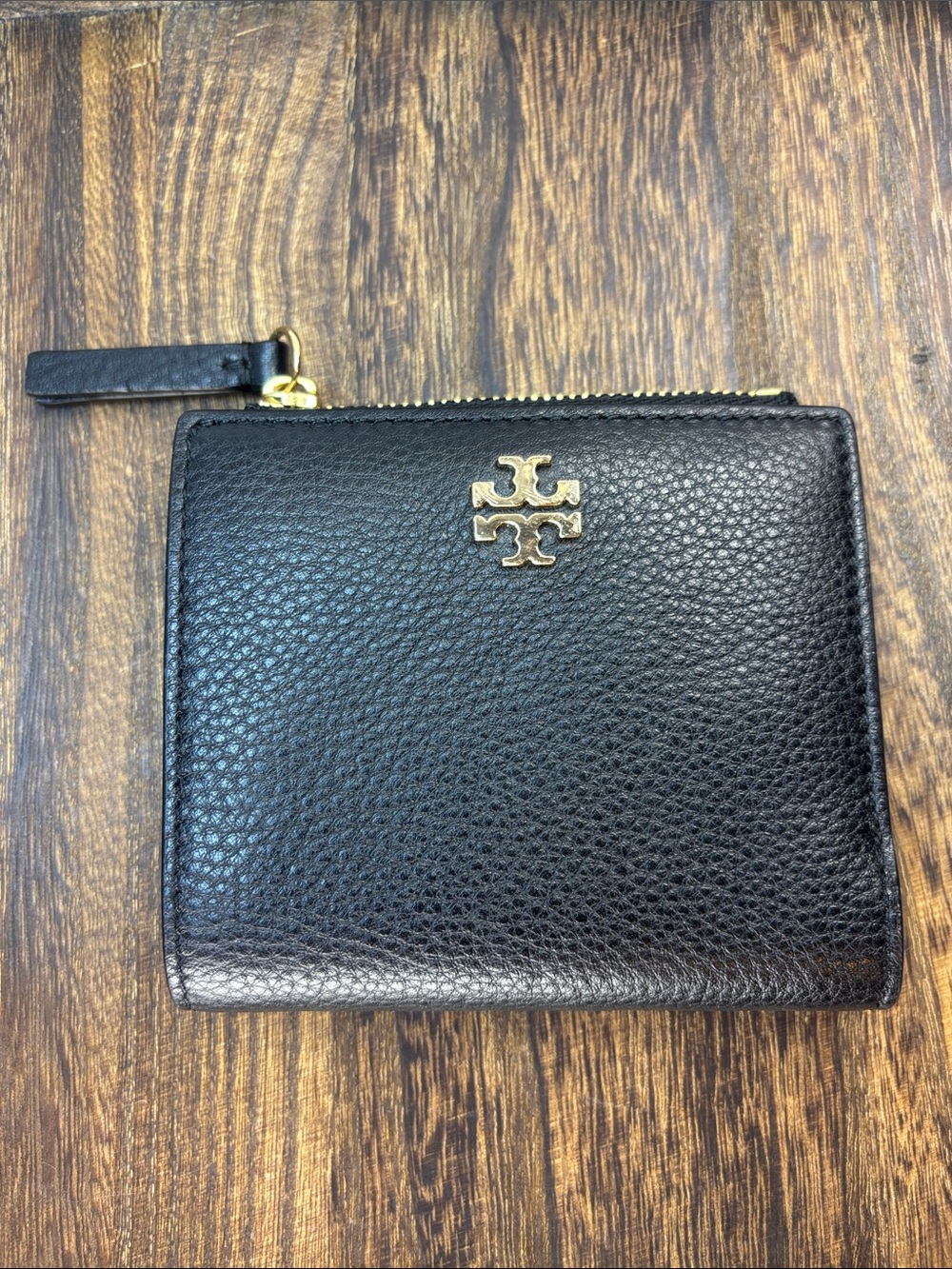 Tory Burch Black Pebbled Leather Zip-Around Wallet with Gold Logo